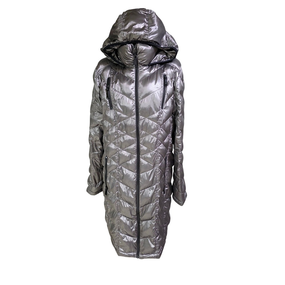 Calvin Klein Puffer Coat Womens XL Silver Excellent Metallic Down Hooded Long